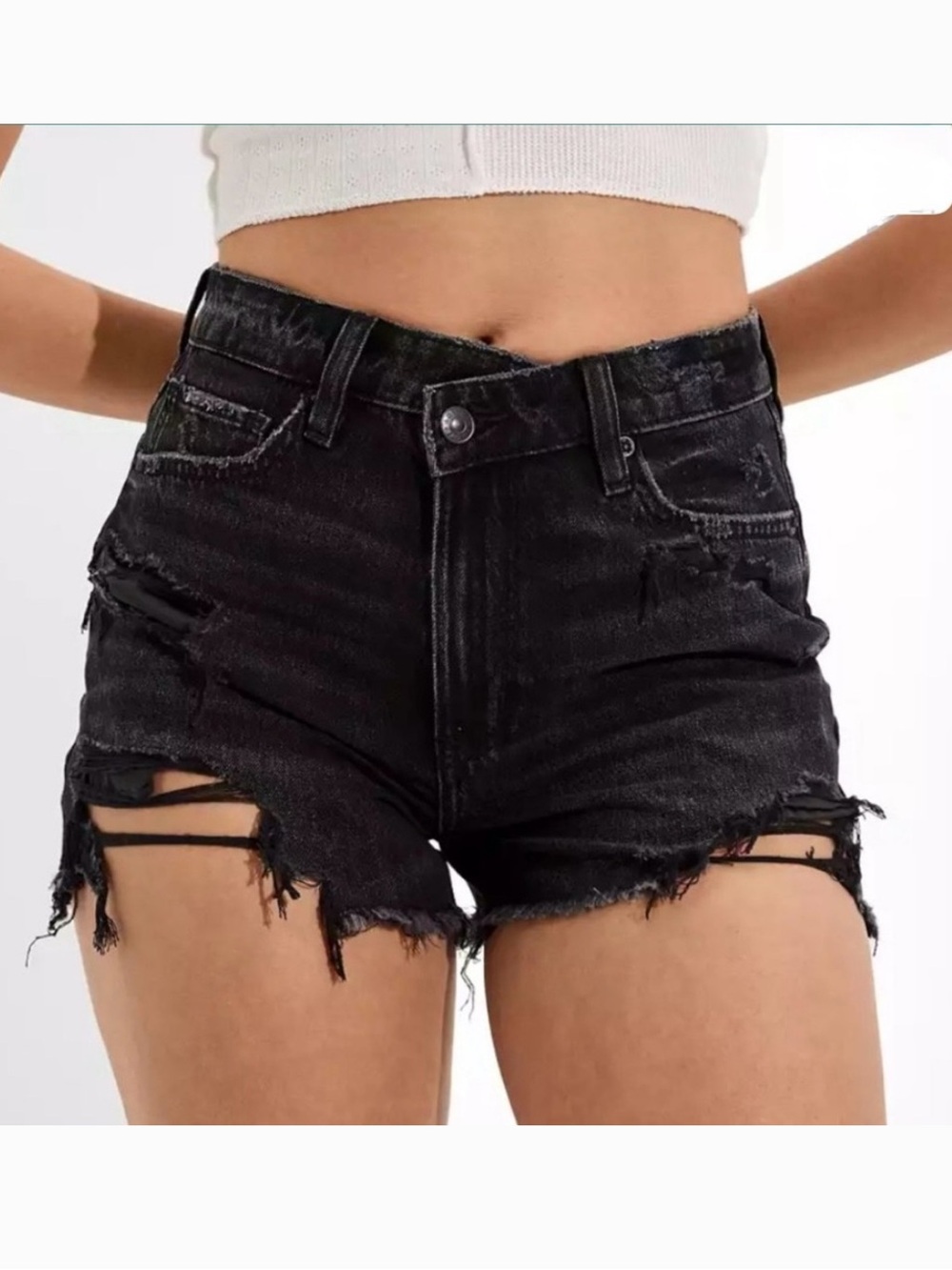 American Eagle Distressed Black Criss Crossed Super High Rise Mom Shorts